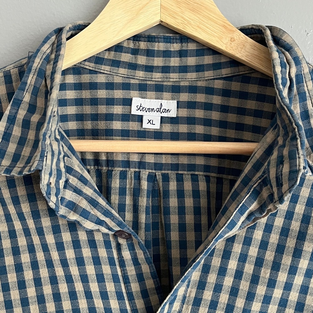 Steven Alan Womens Gingham Plaid Cotton Button Shirt Long Sleeve XL *Holes